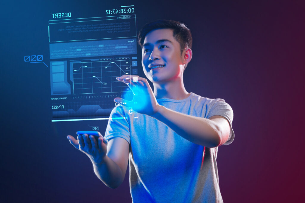 Kickstart web developer feeling happy and making a holographic projection